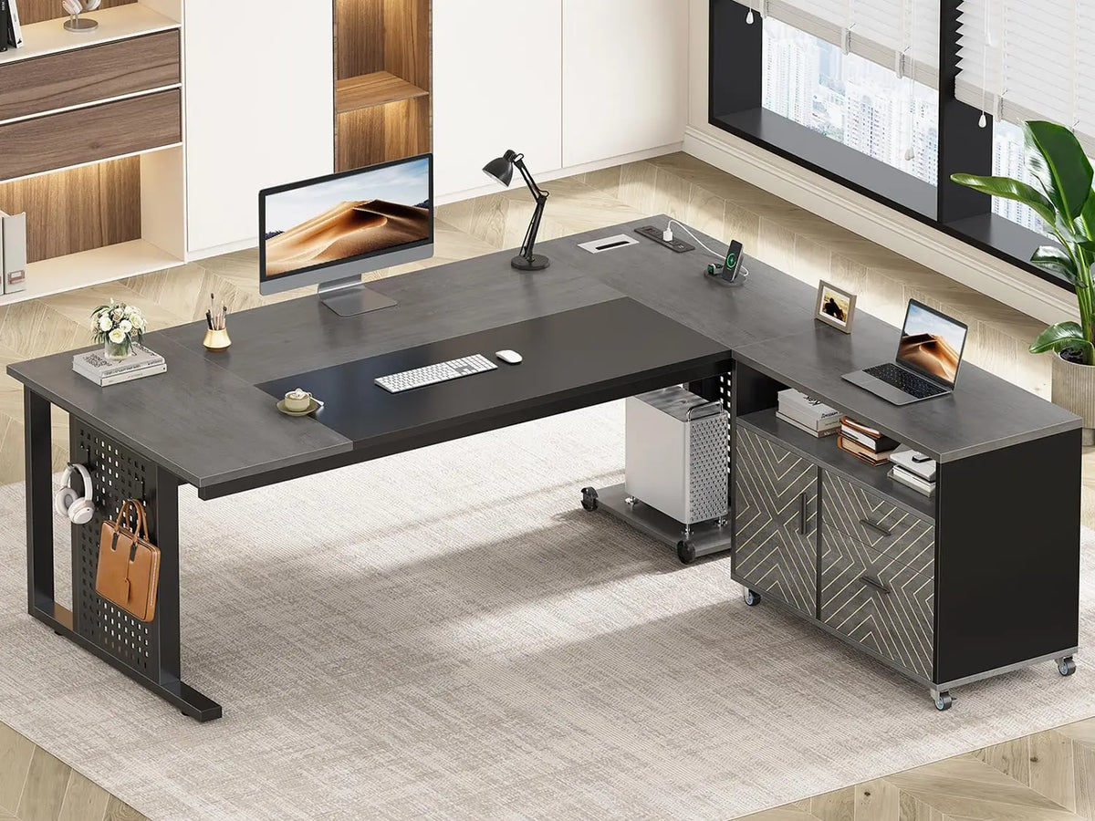 Cavandon Modern Executive Office Desk With Rolling File Cabinet