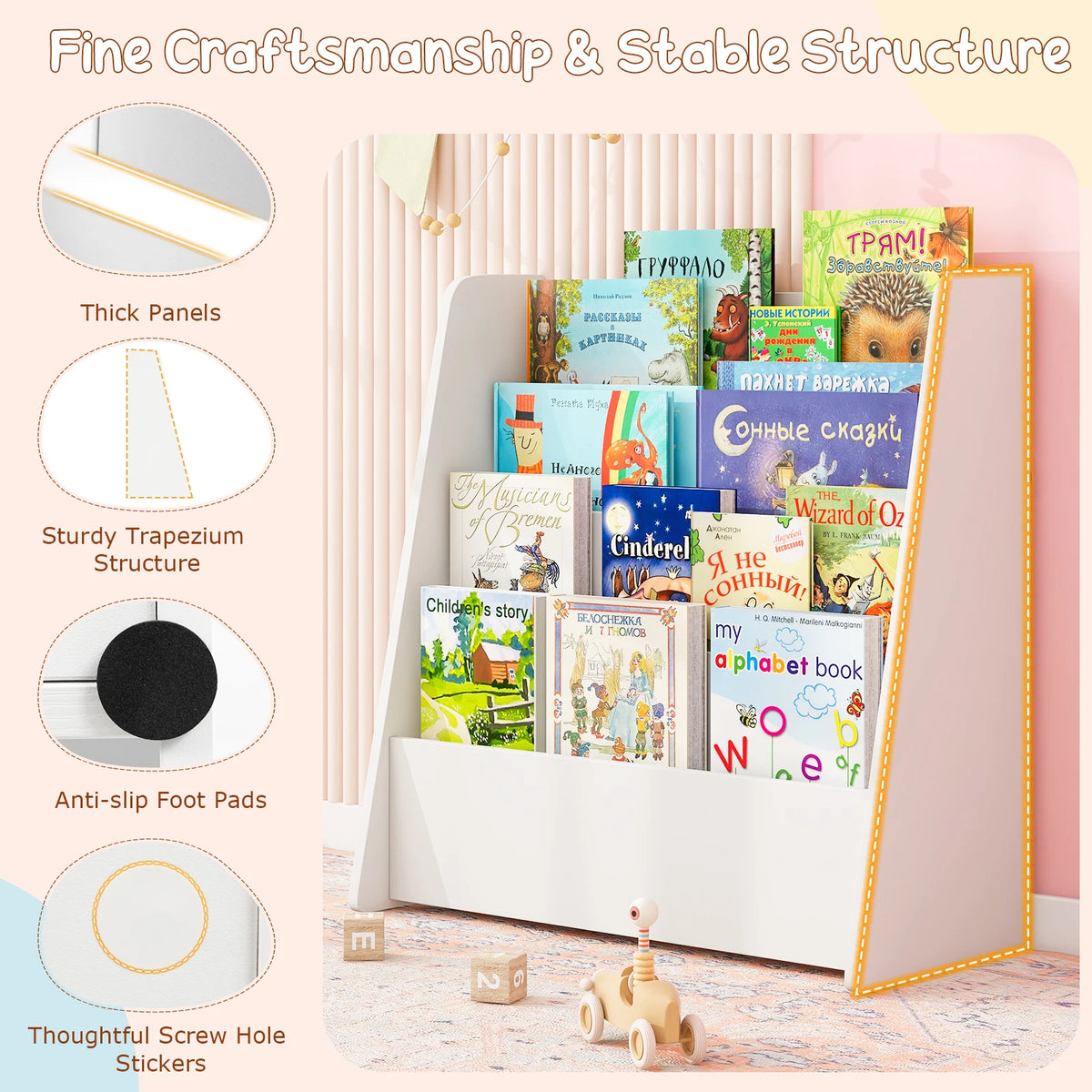 4-tier Kids Wooden Bookshelf Toddlers Book Rack w/ Deep Shelves Natural