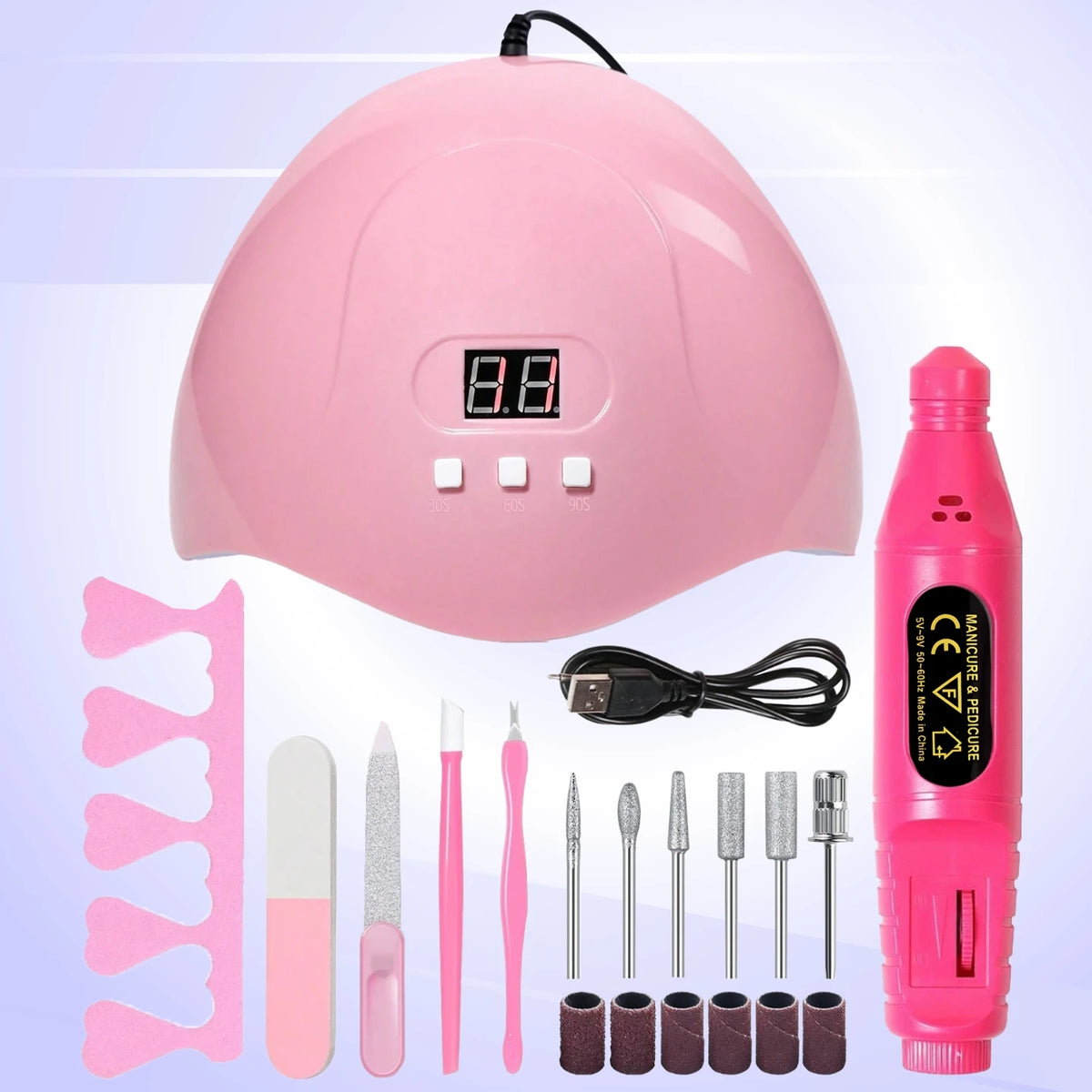 Nail Care Tool Set, Featuring a UV Nail Lamp, Nail Polisher, Cuticle Pusher and Remover, Toe Nail Separator, Nail File, and Nail Brush. Suitable for Professional Nail Salons or Home Nail Care. Perfect Holiday Gift.