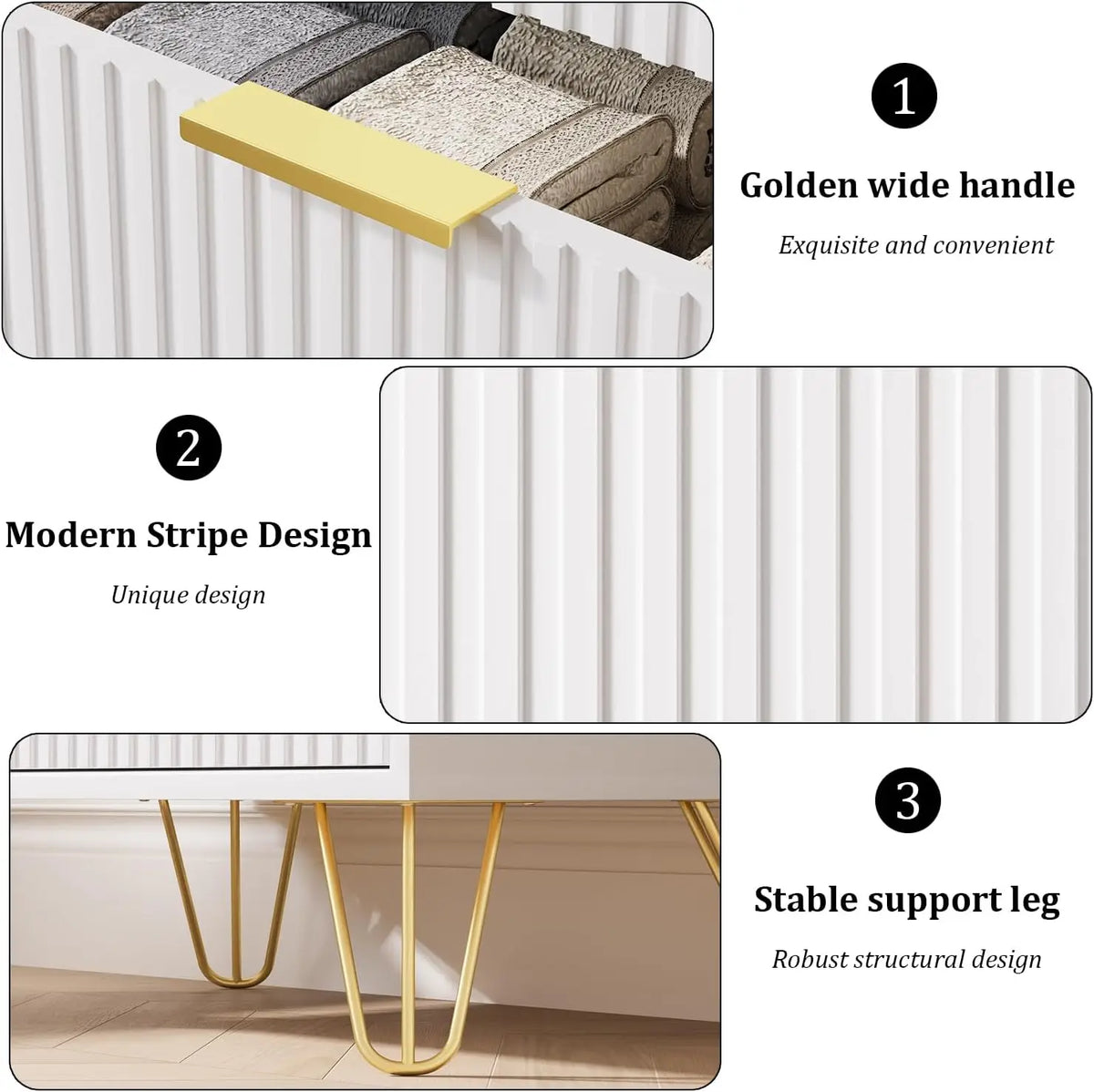 White Modern Dresser with Gold Metal Handles for Bedroom