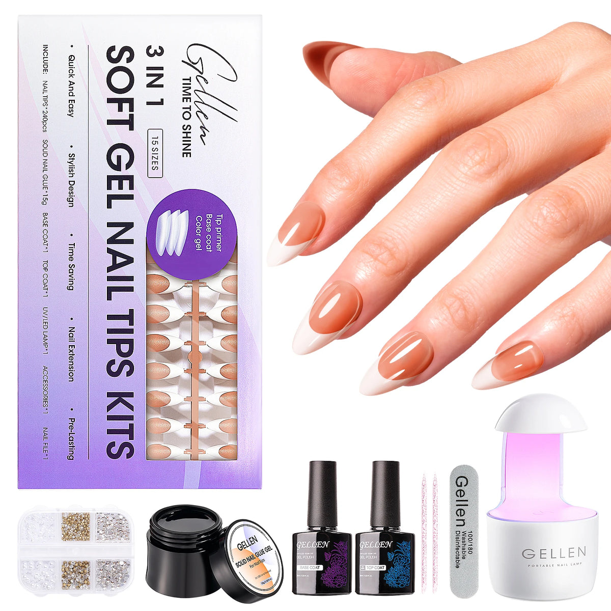 GELLEN Gel Nail Kit With Press On Nails French Tip UV Lamp
