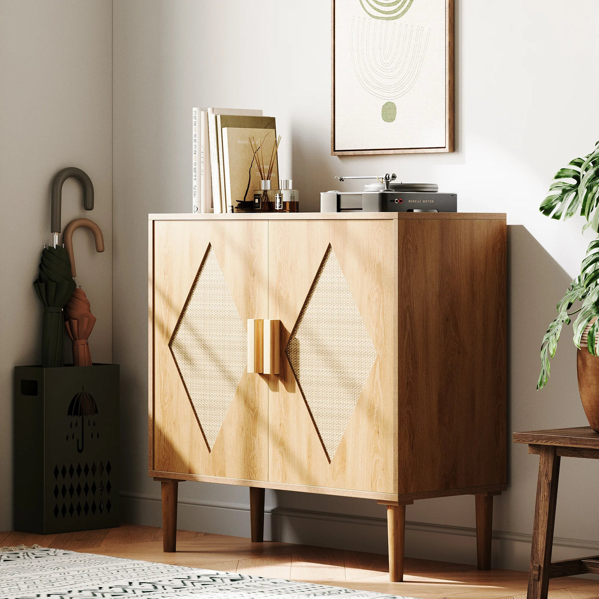 GarveeLife Boho Wooden Sideboard with Rattan Doors and Adjustable Storage