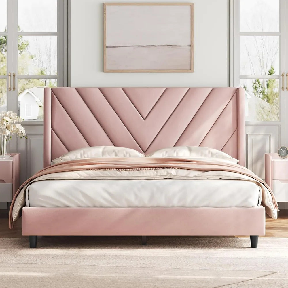 Bed Frame With Tufted Wing Sides And Mattress Base