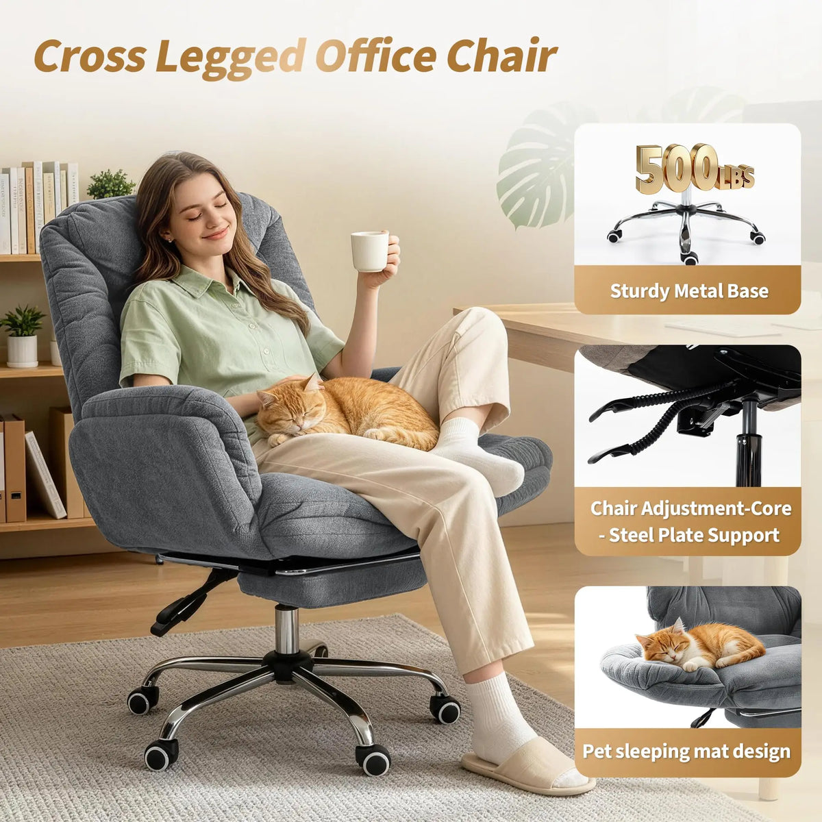 Criss-Cross Ergonomic Desk Chair with Footrest, High Back Executive Design, Adjustable 3-Level Armrests, Smooth Wheels, Big and Tall Gaming or Office Comfort, 500lbs Capacity