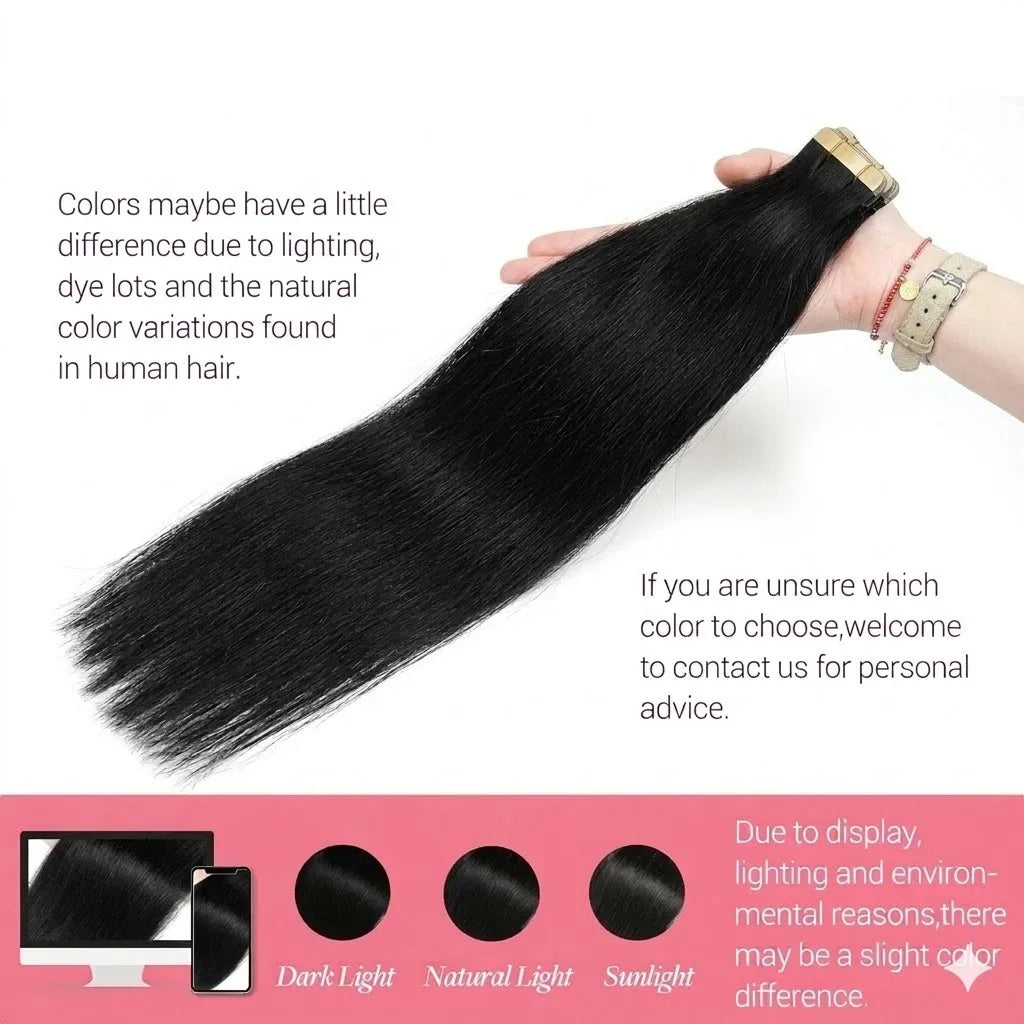 100% Human Hair Tape In Extensions 20 Inch Invisible Seamless PU Skin Weft No Weft Raw Hair Extensions Natural Black Color Adhesive Tape Ins Hair Extension For Women