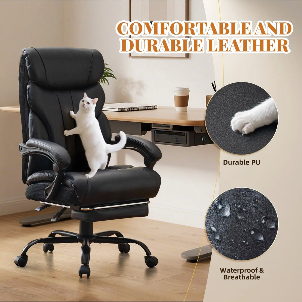 Ergonomic Executive Office Chair with High Back Support, Padded Armrests, Retractable Footrest, Wide Seat, and Heavy-Duty Swivel Base – Comfortable Computer Desk Chair for Home Office