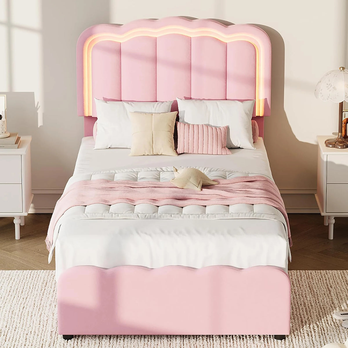 HiMISS Upholstered Platform Bed With Storage Drawers And LED Lighting