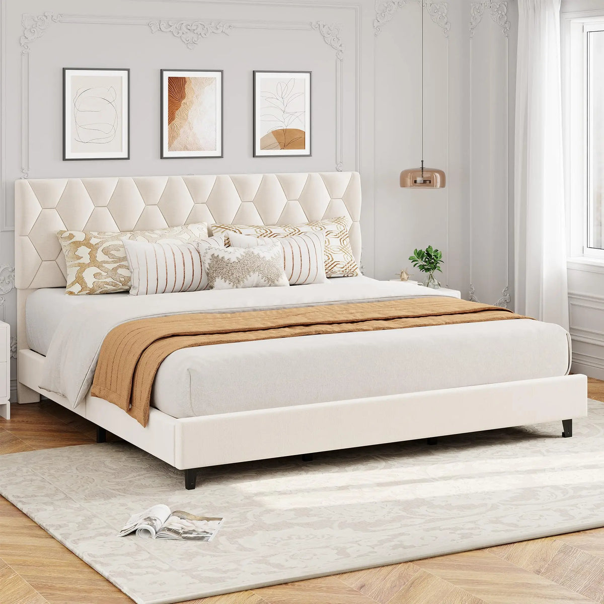 GAOMON Upholstered Platform Bed with Padded Headboard and Slat Support