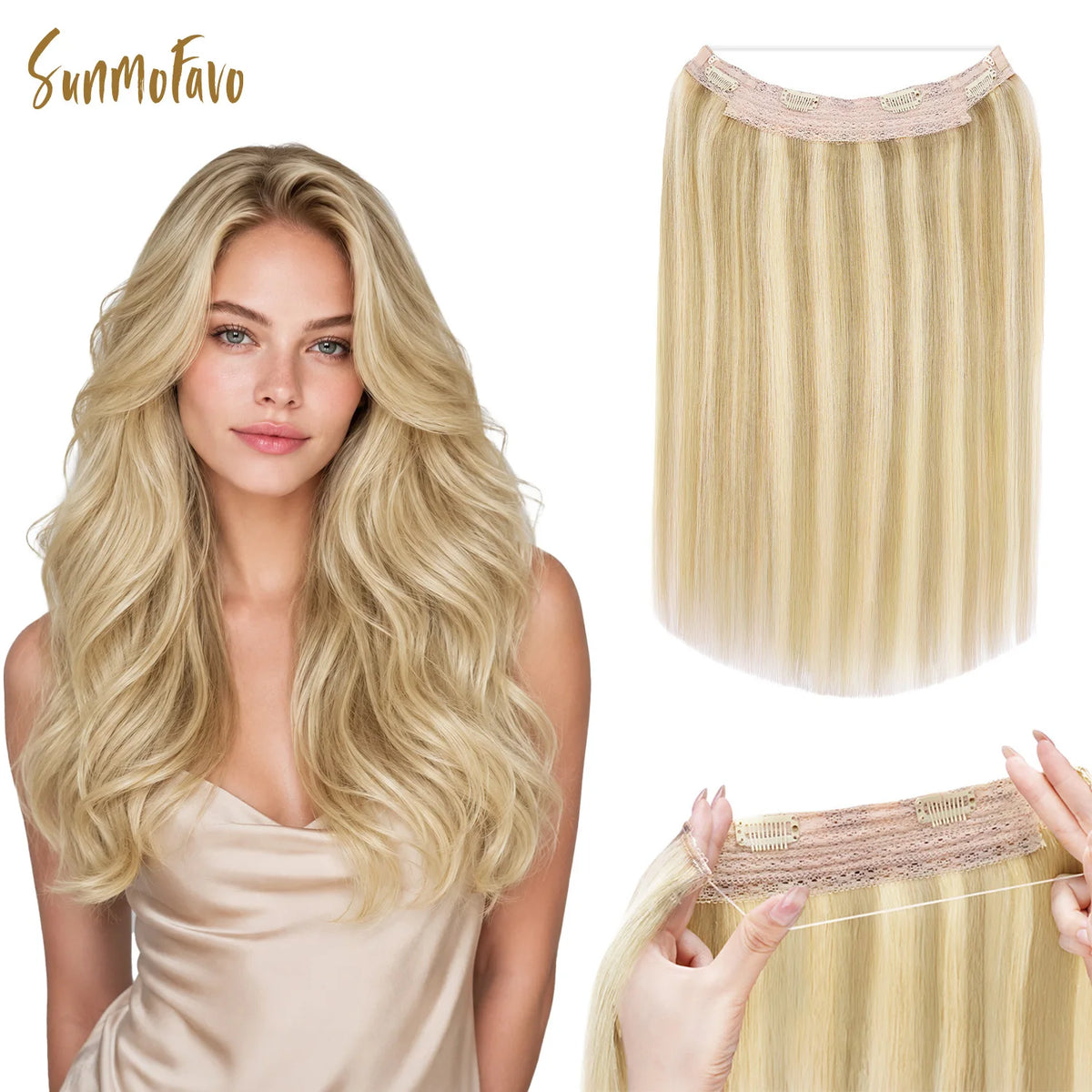 Sunmofavo Wire in Hair Extensions, Real Human Fish Line Hair Strands with 4 Clips,Easy and Quick Application for Starters to Add Hair Volume,  Chocolate Golden Brown Ombre, Free for Dyeing and Heat Styling, Create Perfect Hai