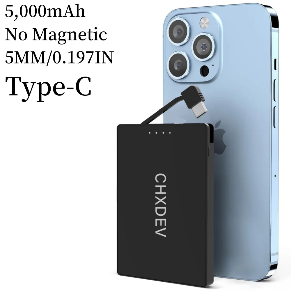 10000/5000mAh Portable Power Bank, Wireless Charger, Ultra-thin Power Bank, Phone Charger, Fast Charging, Built-in Type-C Dual Output Cable, Compatible with All Type-C Charging Phones, Holiday Gift, Black