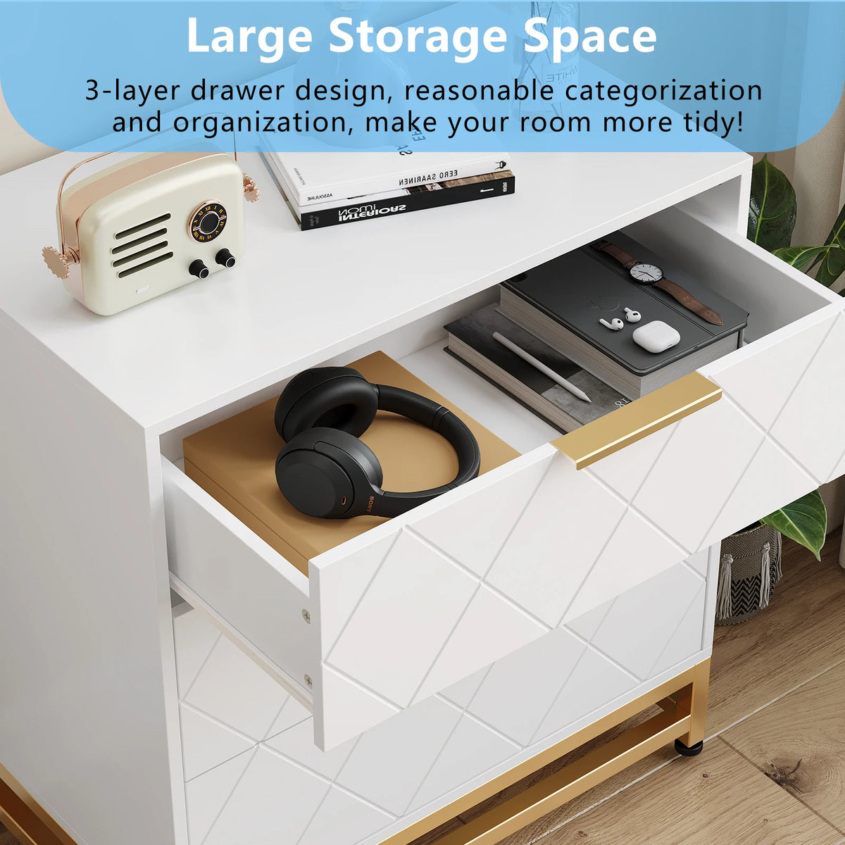 GAOMON Modern Three Drawer Dresser Chest For Bedroom Storage