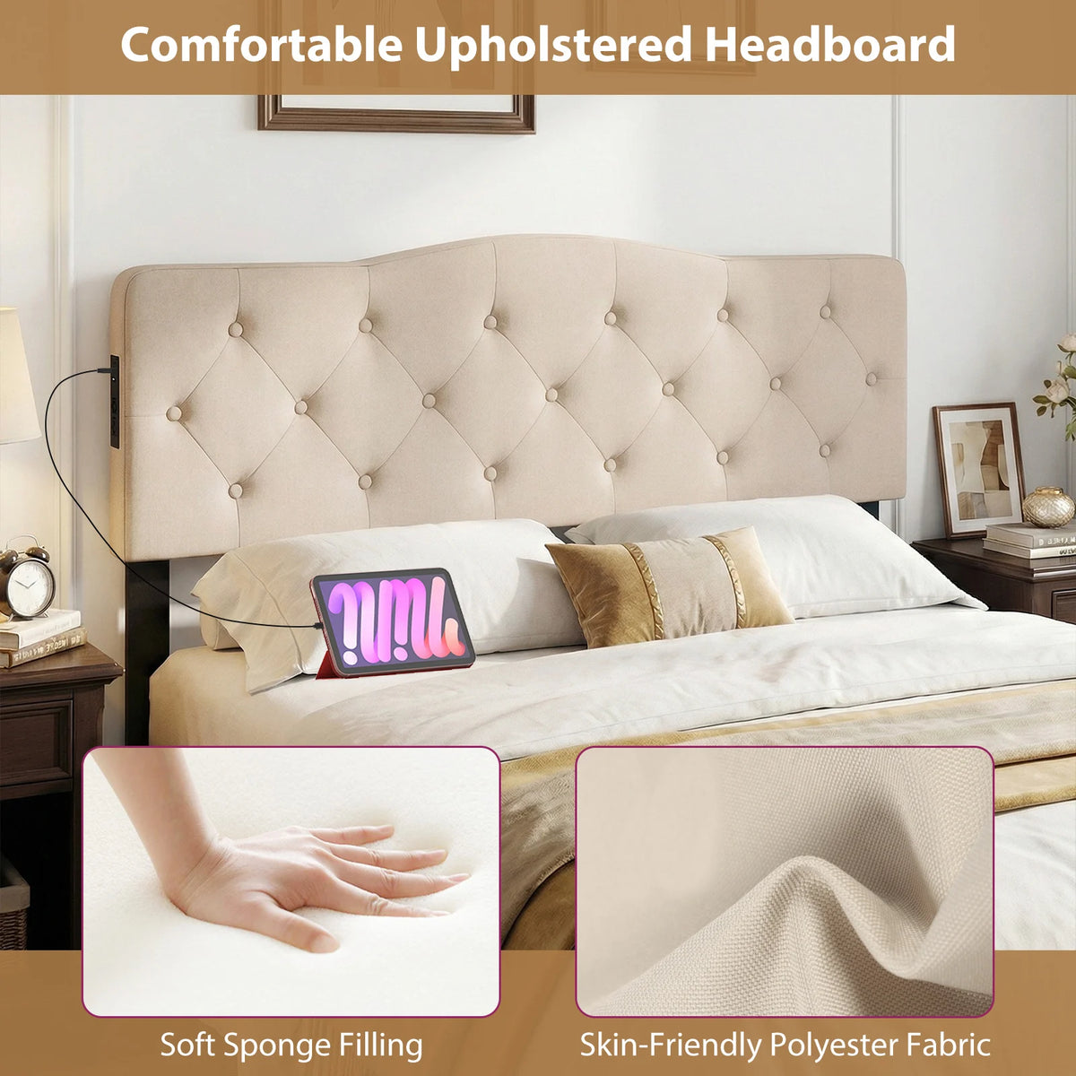 HOMASIS Tufted Upholstered Headboard With Two AC Outlets