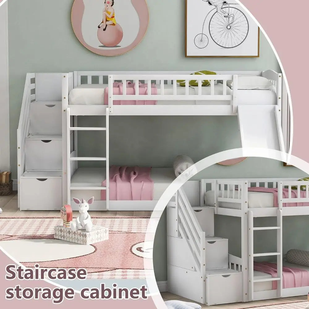Lism Twin Over Twin Bunk Bed With Slide And Storage For Kids