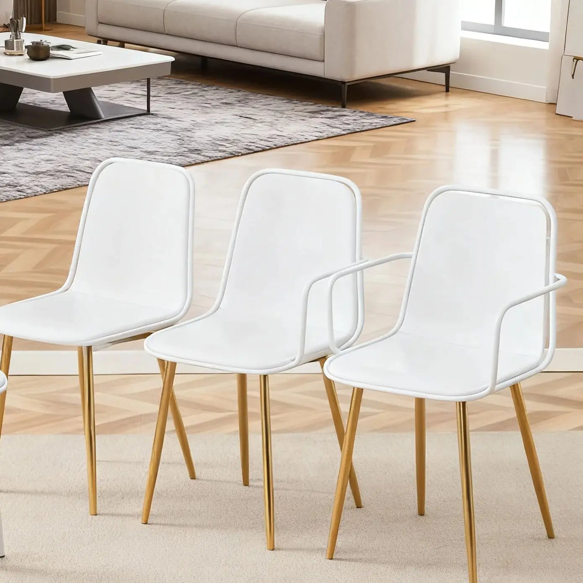 Set of 4 White Linen Fabric Dining Chairs: Integral Metal Leg Architecture, Fits Various Interior Decoration Styles