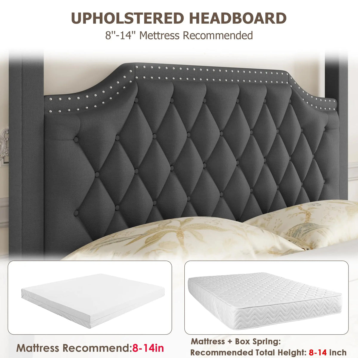 GAOMON Upholstered Four Poster Canopy Platform Bed With Tufted Headboard