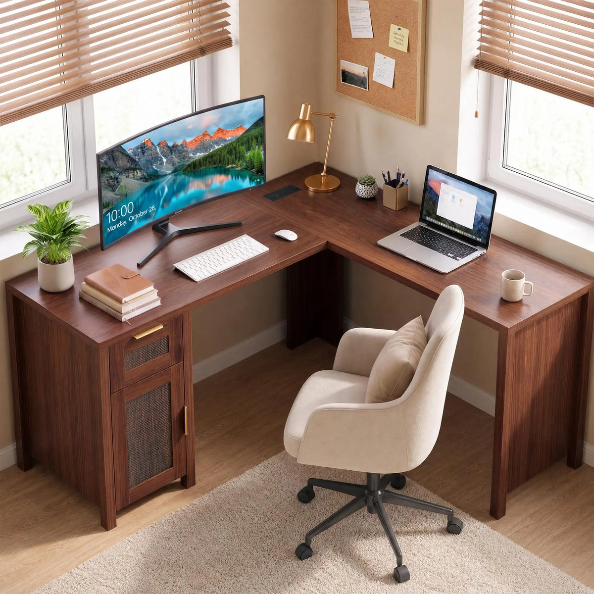 HiMISS Modern L Shaped Office Desk With Storage Shelves