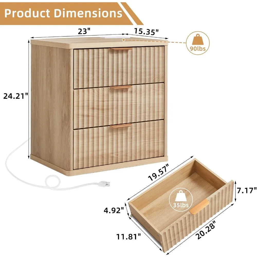 Natural Three Drawer Nightstand With Charging Station And Metal Handle