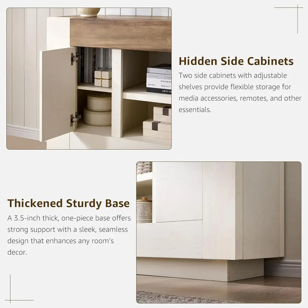 Modern Wood TV Stand With Open Storage And Side Cabinets