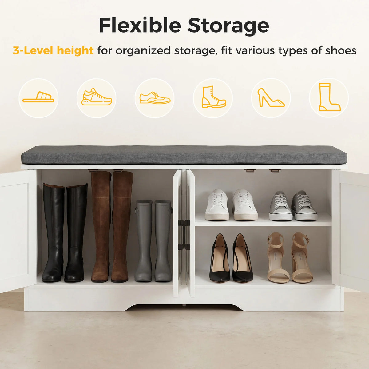 JHK Storage Bench Shoe Organizer Cabinet With 2 Doors Padded Seat Cushion