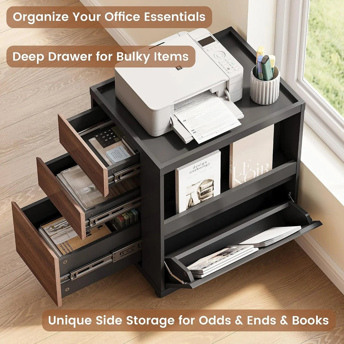 Mobile File Cabinet Under Desk with 3 Drawer, Office Storage Cabinet | Rolling Wood Printer Stand w/ Unique Side Shelf for Binde