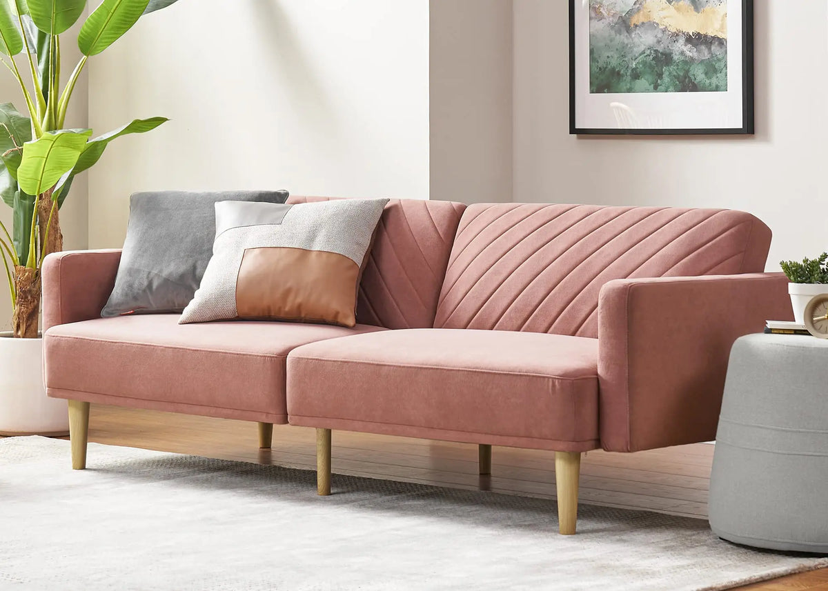 mopio 76.4" Mid Century Futon Sofa Bed PU Leather Loveseat Living Room Pecan Brown
