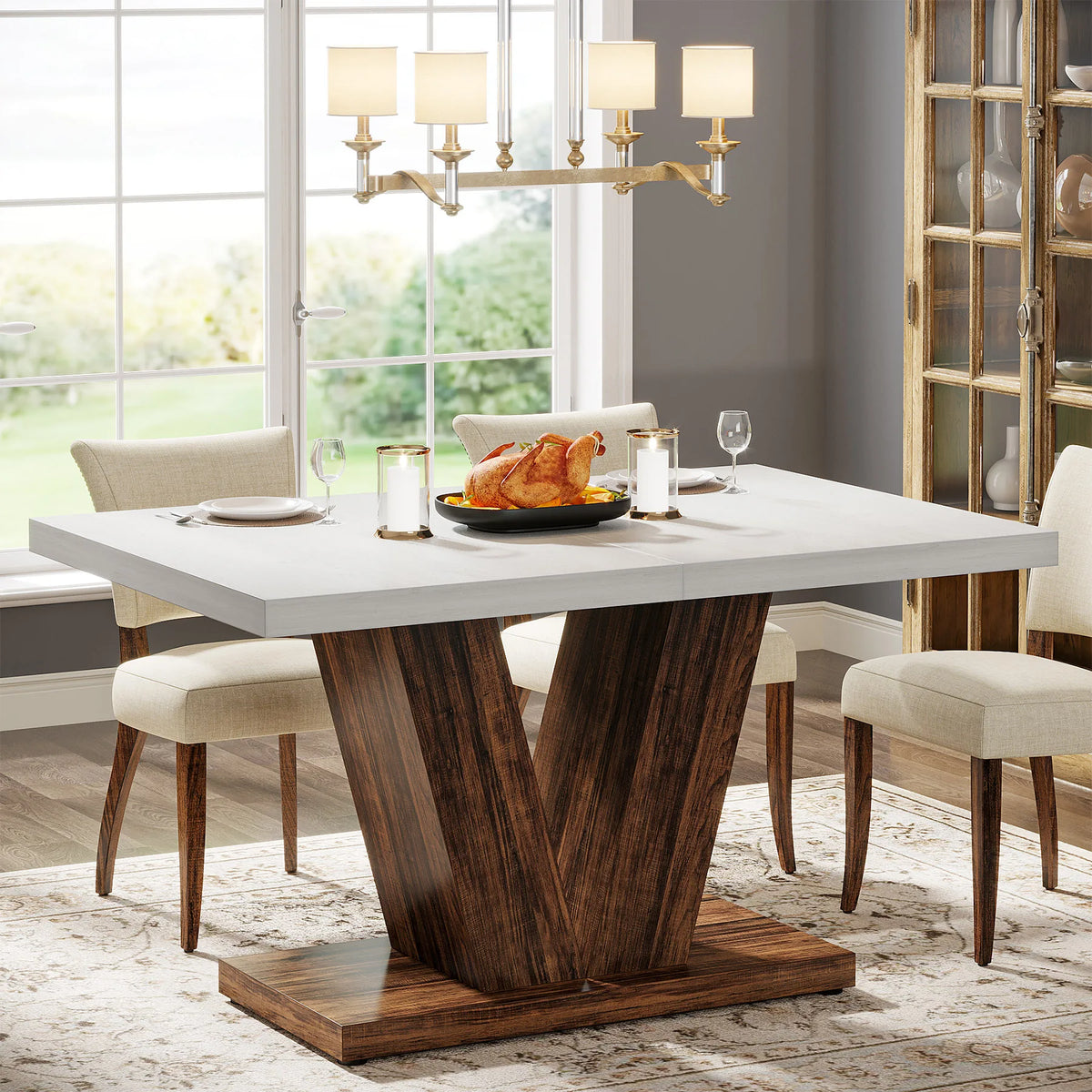 Tribesigns Farmhouse Dining Table For 4-6 With Heavy Duty Pedestal