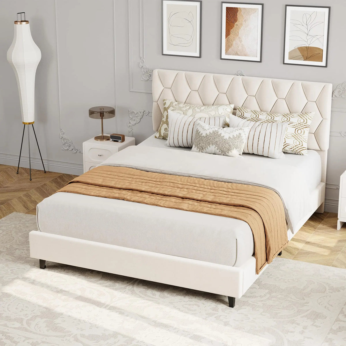 GAOMON Upholstered Platform Bed With Padded Headboard And Wooden Slats