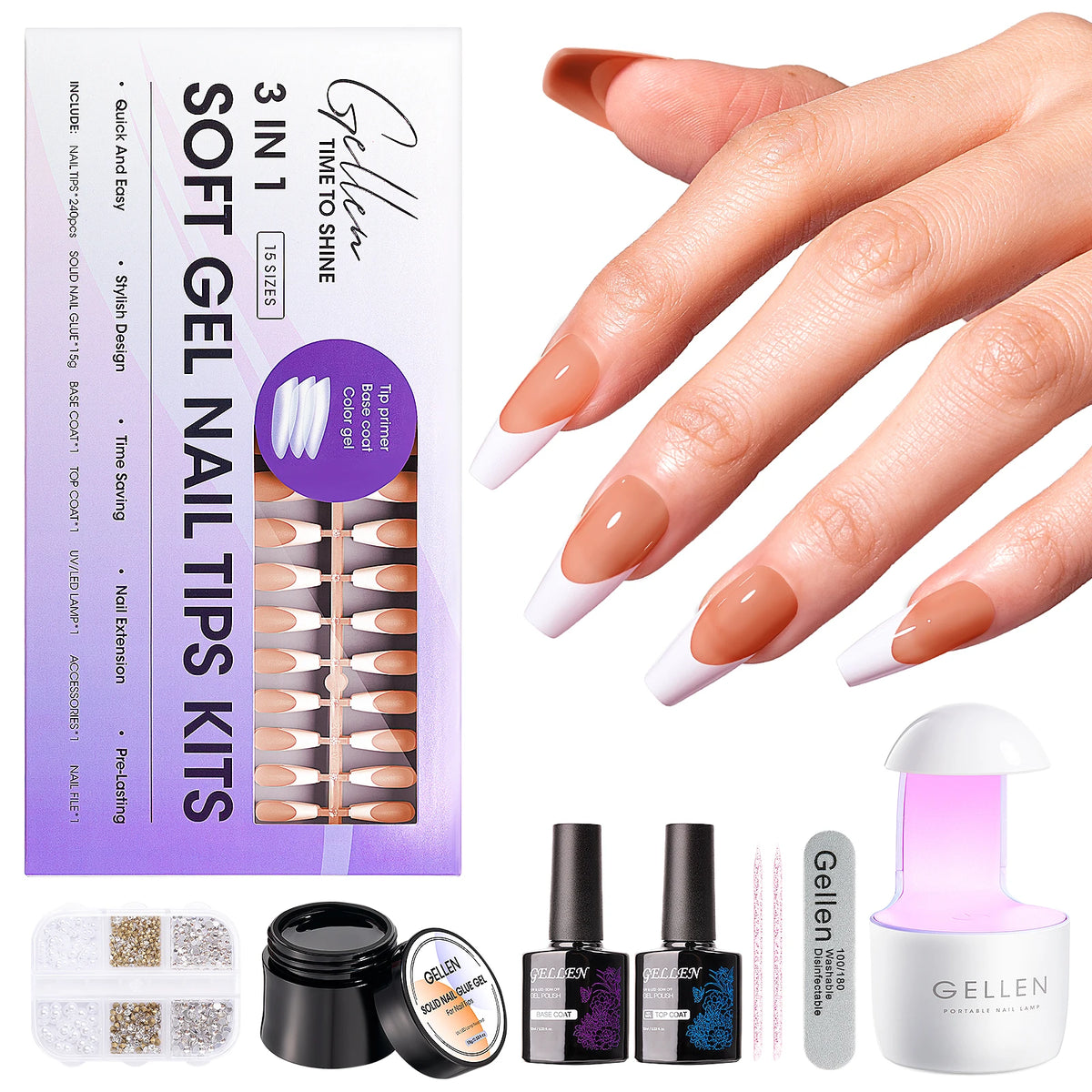 GELLEN Gel Nail Kit With Press On Nails French Tip UV Lamp
