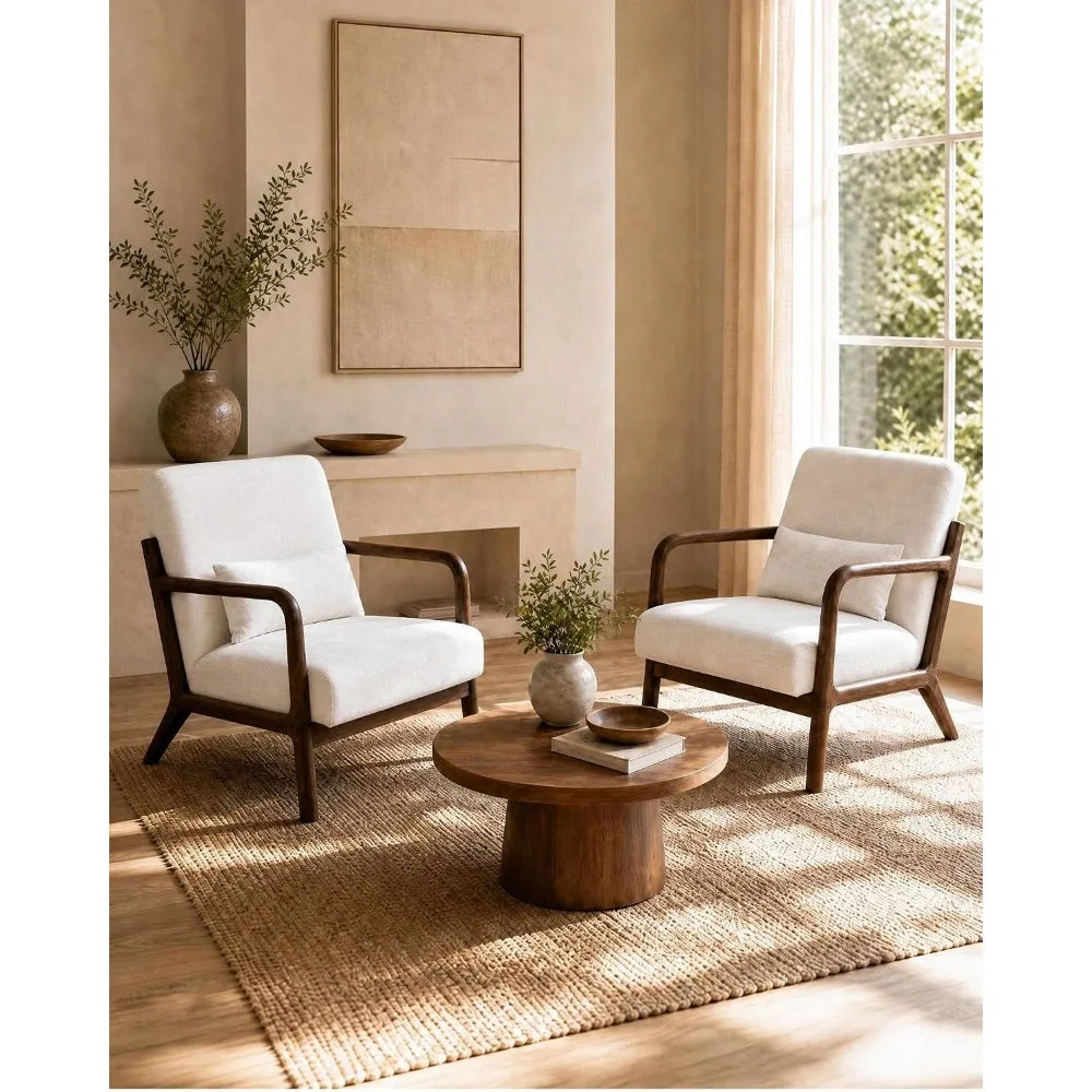 Mid-Century Chenille Accent Chair: Cozy Reading, Modern Lounge, Lumbar Pillow, Solid Wood Frame, Beige