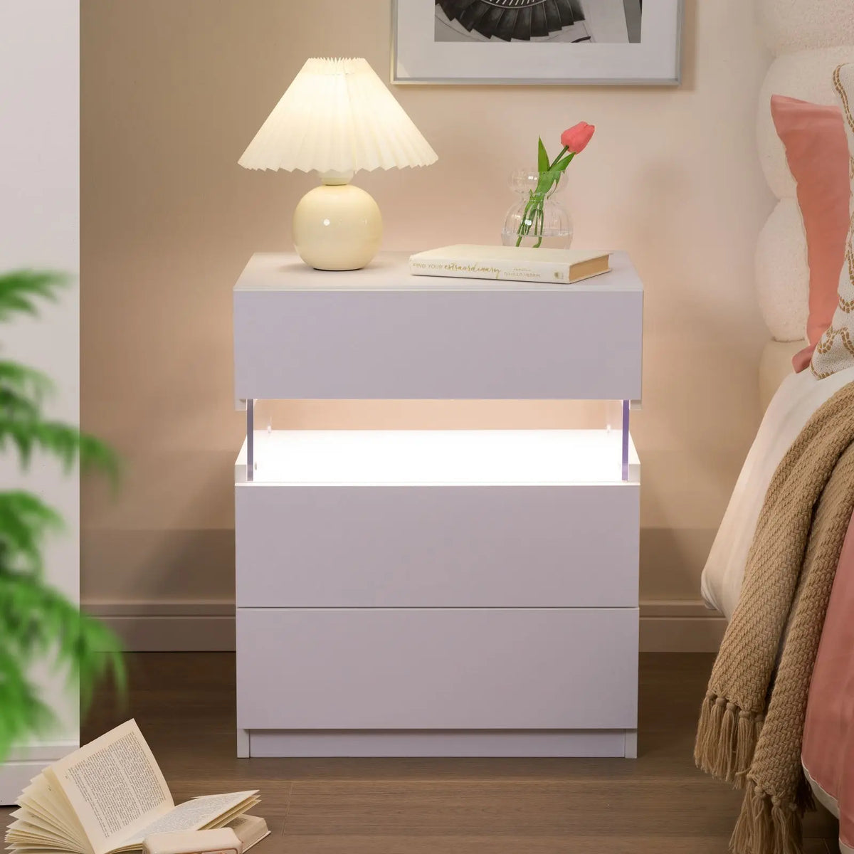 Cubehom Bedside Tables Set With LED Lighting And 3 Drawers