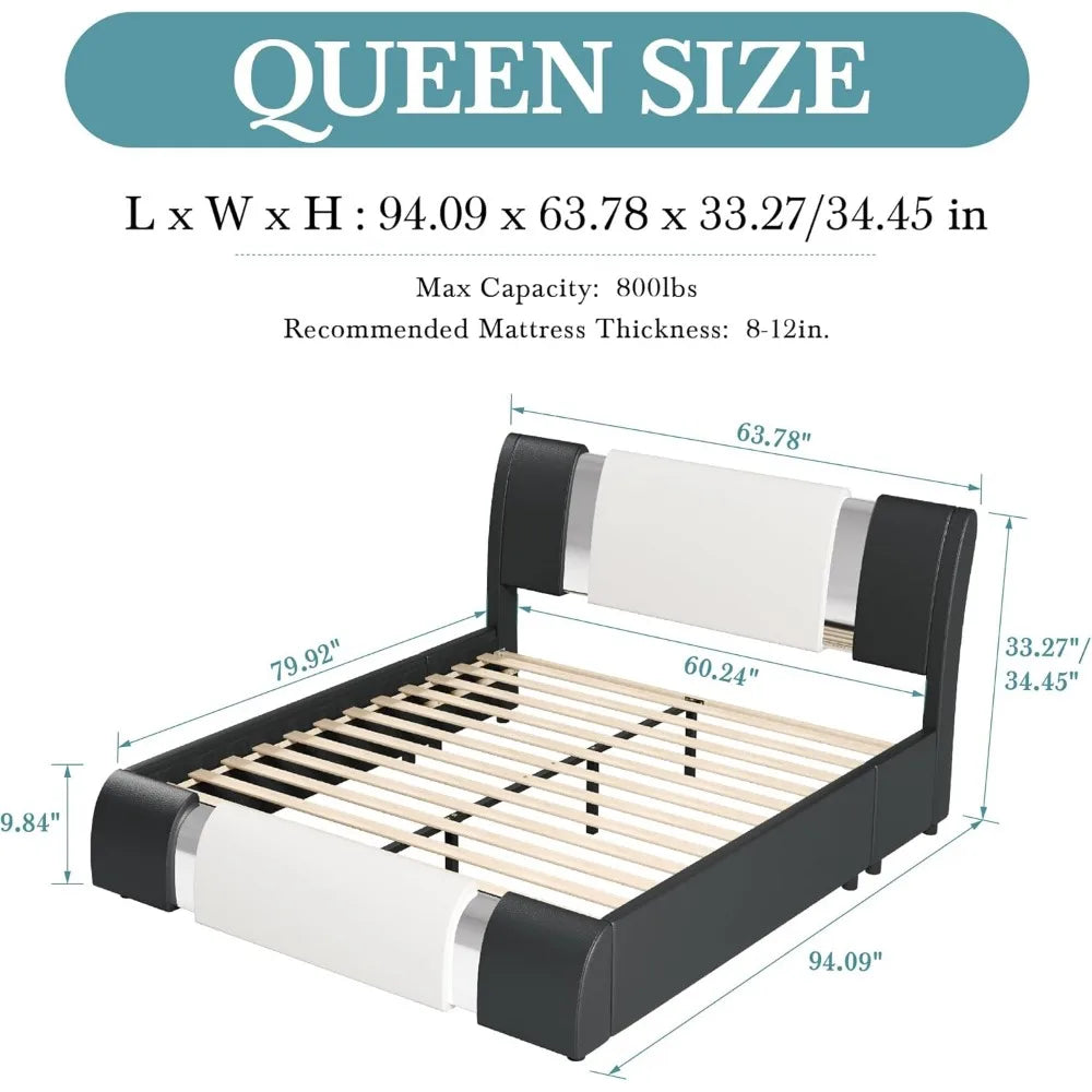 Queen Modern Faux Leather Platform Bed Frame