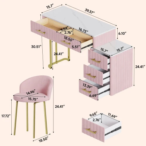 Velvet Upholstered Vanity Desk with Chair, Vanity Set with 5 Big Drawers, Makeup Table with Padded Chair