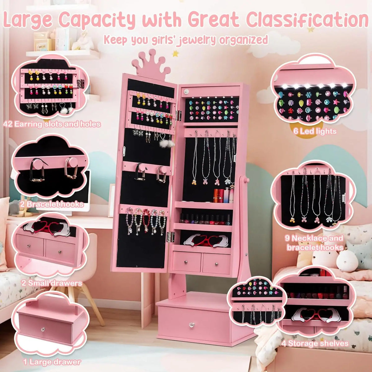 TWISTER CK Kids Jewelry Armoire With Full Length LED Mirror