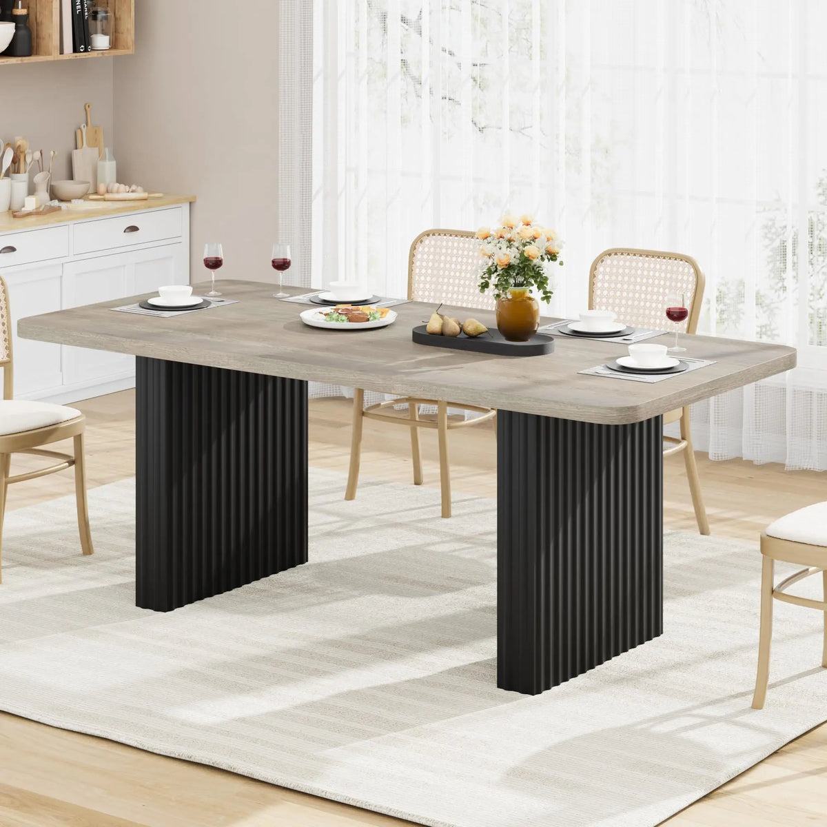 71 Inch Industrial Dining Table For 6-8, Farmhouse Rectangular Kitchen Table With Rustic Wood Top And Black Fluted Metal Legs