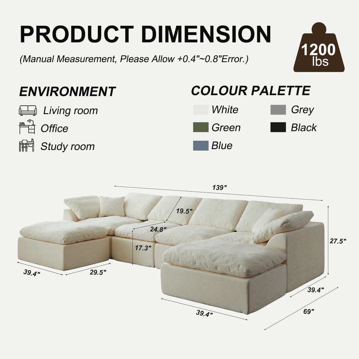 Yeflixvrau Modern U Shaped Cloud Sectional Sofa With Removable Cushions