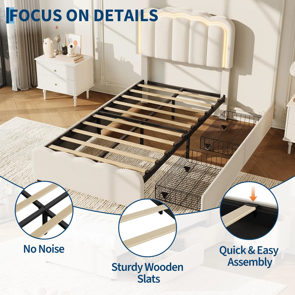 HiMISS Upholstered Platform Bed With Storage Drawers And LED Lighting