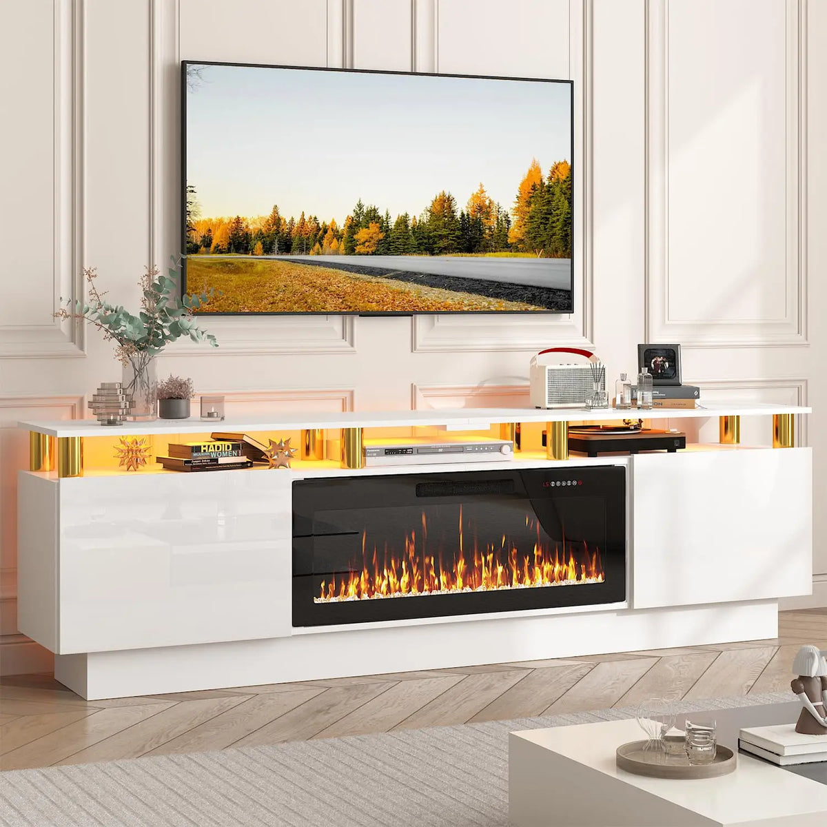 Modern Wood Electric Fireplace TV Stand Entertainment Center LED Lighting