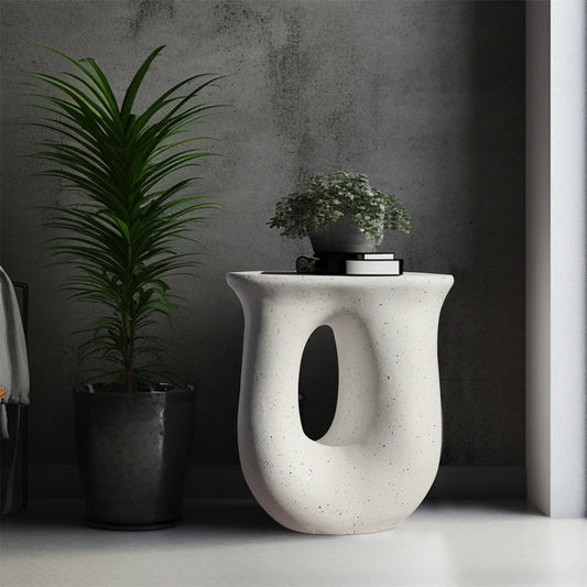 LUVODI Modern U-Shaped Geometric Concrete Accent Table Lightweight Garden Stool Decorative Side Table for Indoor And Outdoor Use