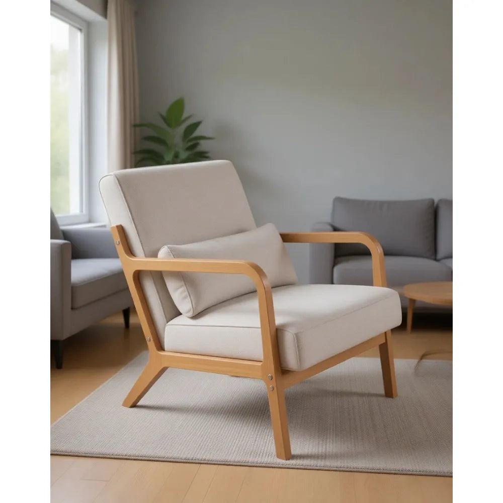 Mid-Century Chenille Accent Chair: Cozy Reading, Modern Lounge, Lumbar Pillow, Solid Wood Frame, Beige