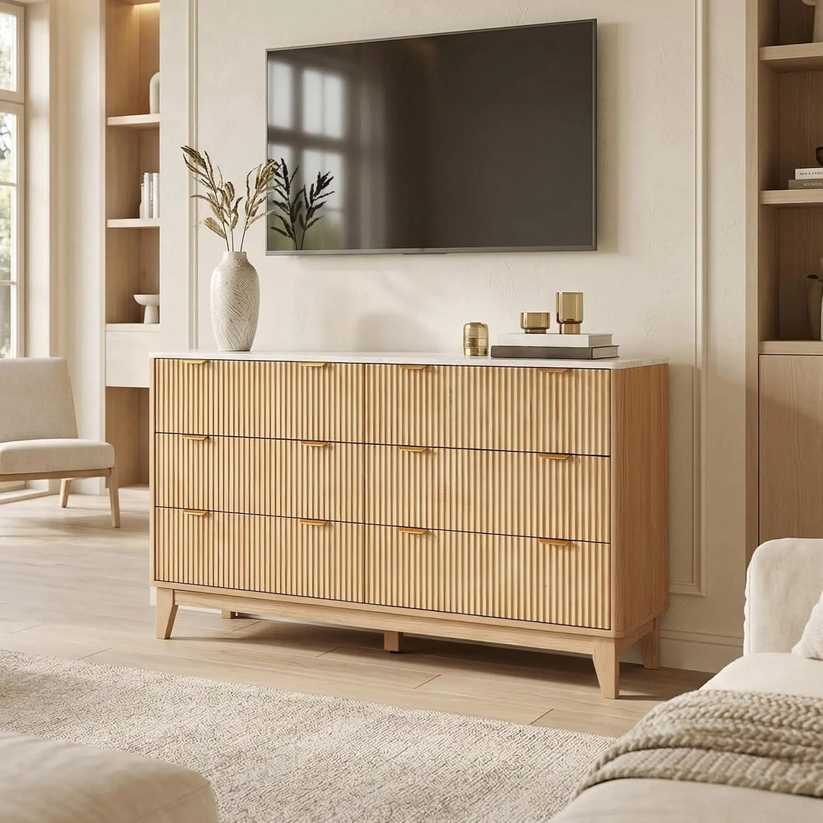 Fluted Storage Dresser With Gold Handles And Anti Tip Design