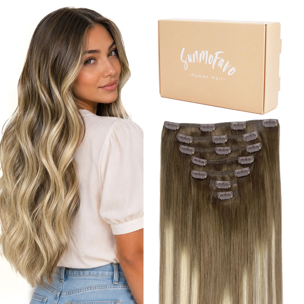 Sunmofavo 100% Remy Clip In Human Hair Extensions Straight Walnut Brown Bleach Blonde Ombre Invisible Hairpieces For Teen Girl Thin Fine Hair 7Pcs 120G Soft Lightweight Heat Stylable Secure Clips For Daily Date Party Instant