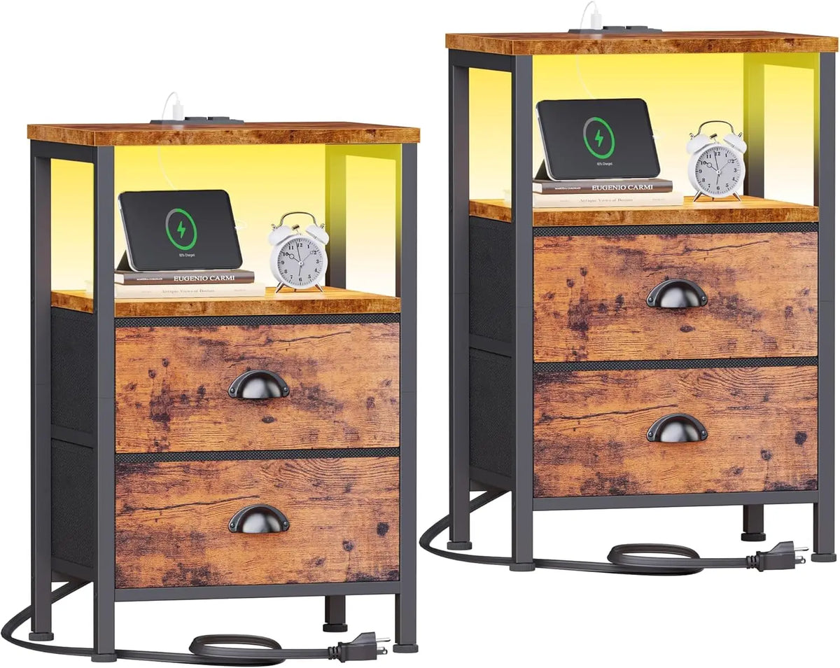 XIUWO Nightstand With USB Ports And Charging Station LED Lights