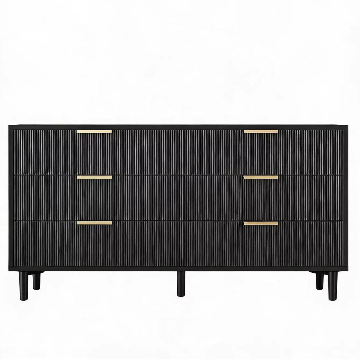 Fluted 6 Drawer Dresser with Metal Legs Wide Storage Cabinet Wood Chest of Drawers Anti Tipping Design Bedroom Living Room Hallway Organizer