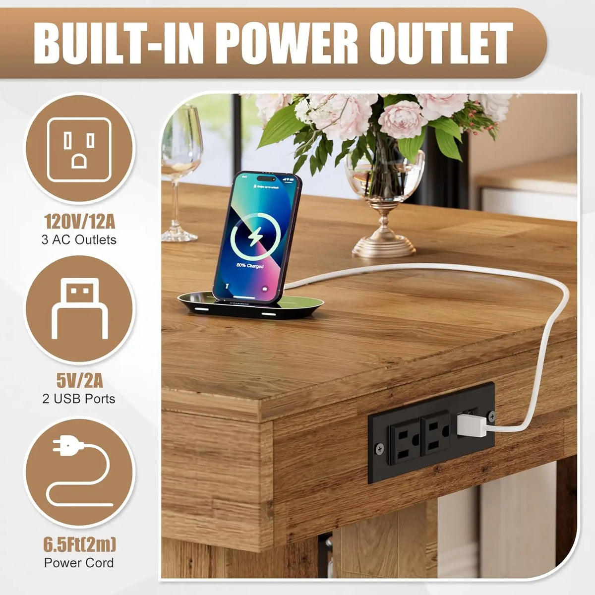 Kitchen Island With Storage And Power Outlets 3-Tier Wood Table