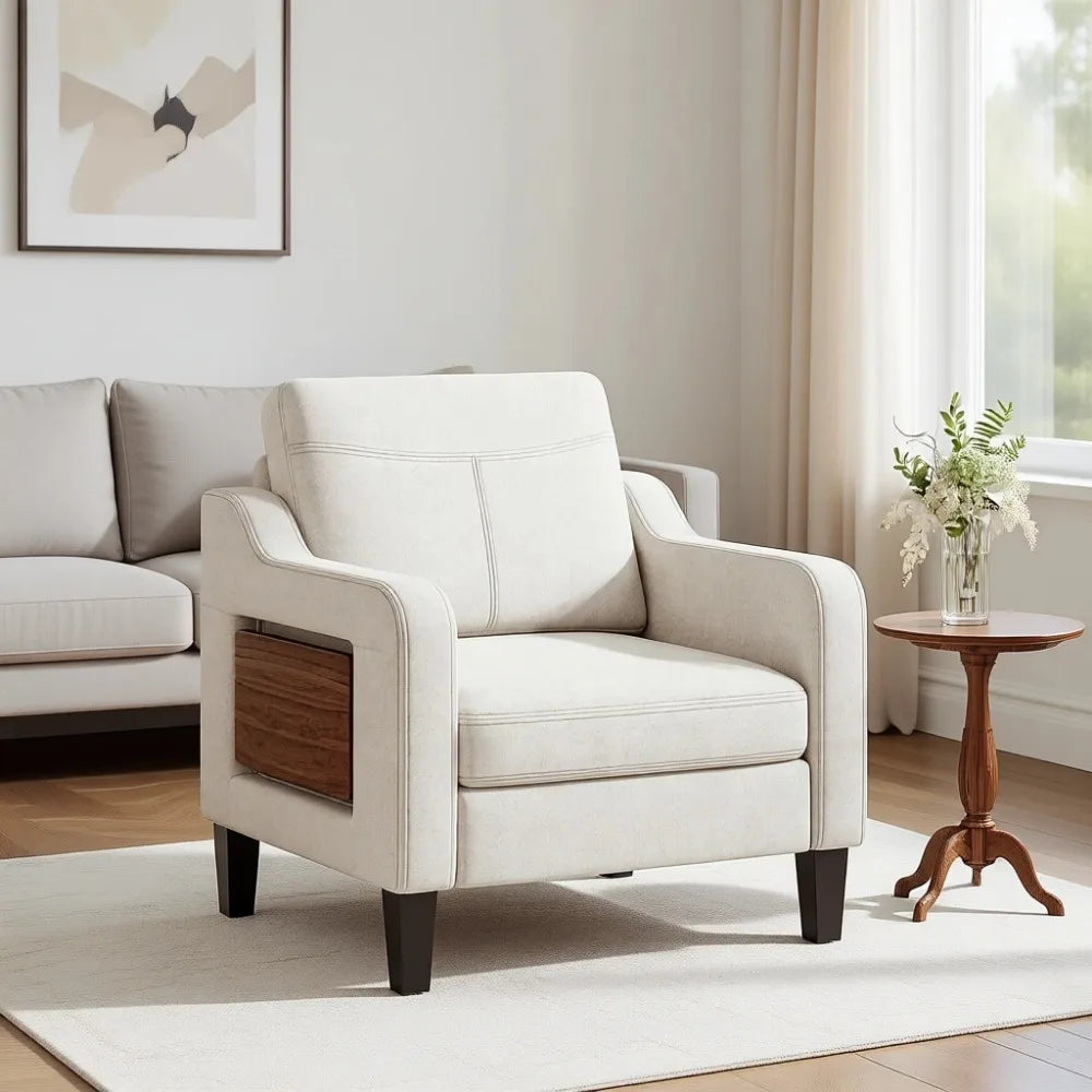 Linen Armchair With Foldable Side Table And Pockets