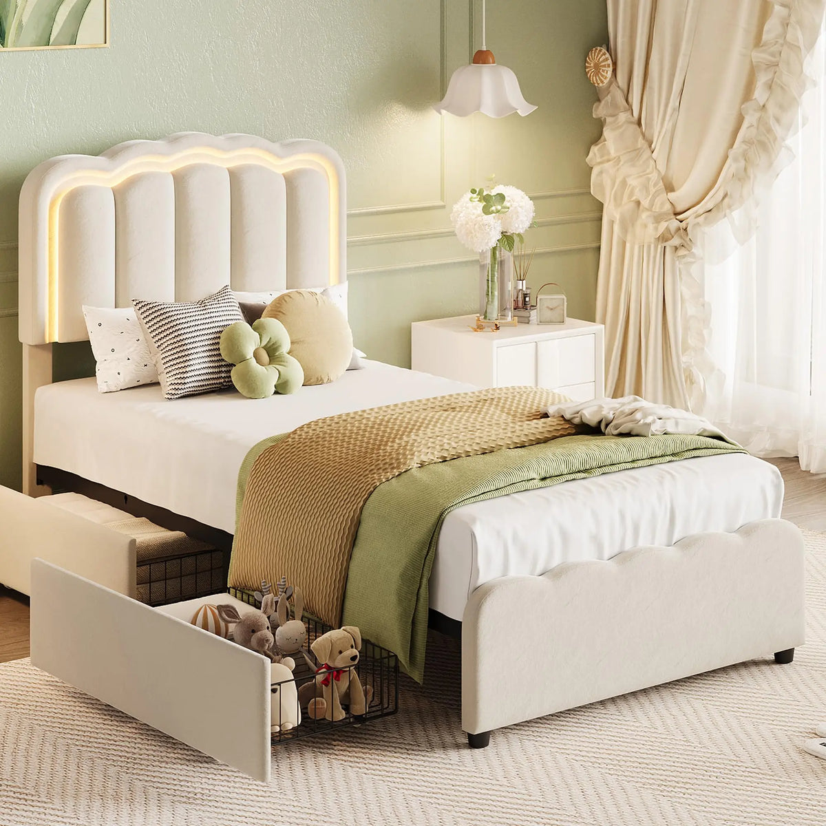 HiMISS Upholstered Platform Bed With Storage Drawers And LED Lighting