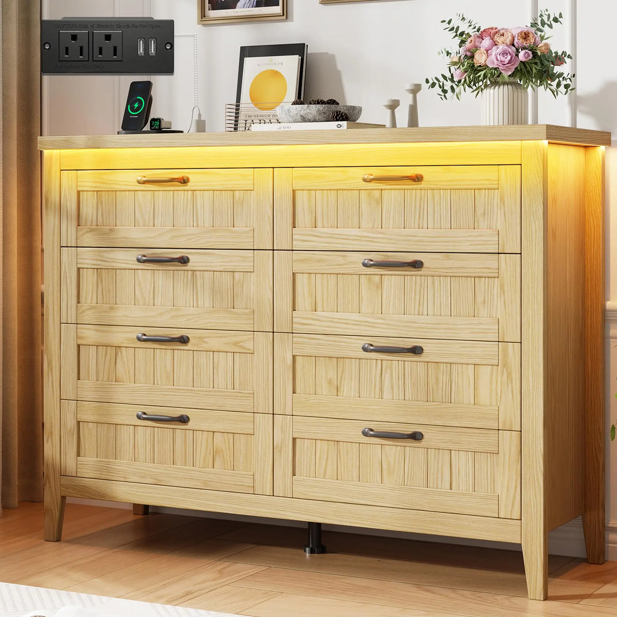 GarveeLife Modern Wooden Dresser With LED Lights And Power Outlet