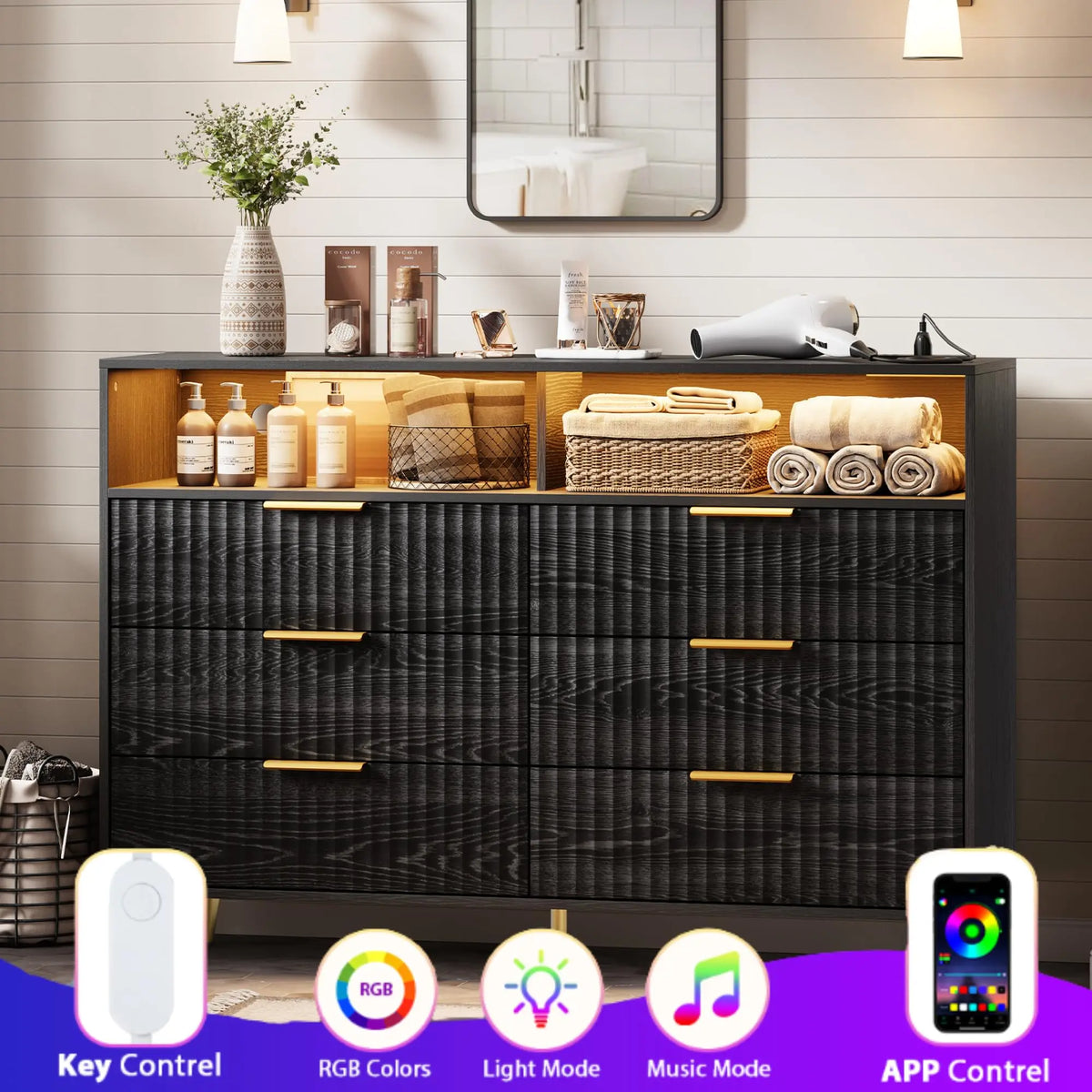 GAOMON Fluted Dresser With LED Lights Charging Station And Storage