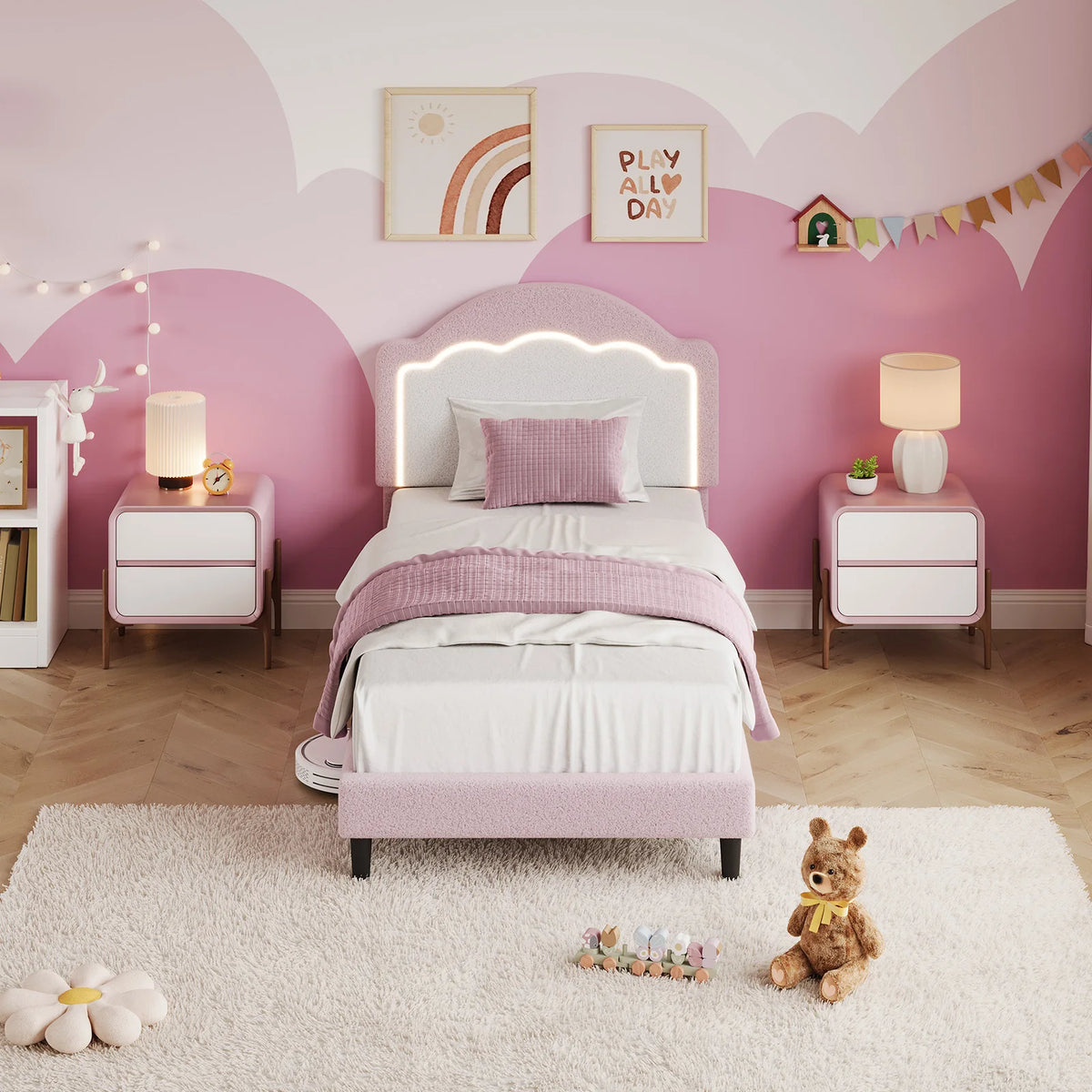 Kids Upholstered Platform Bed With LED Headboard And Wood Slats