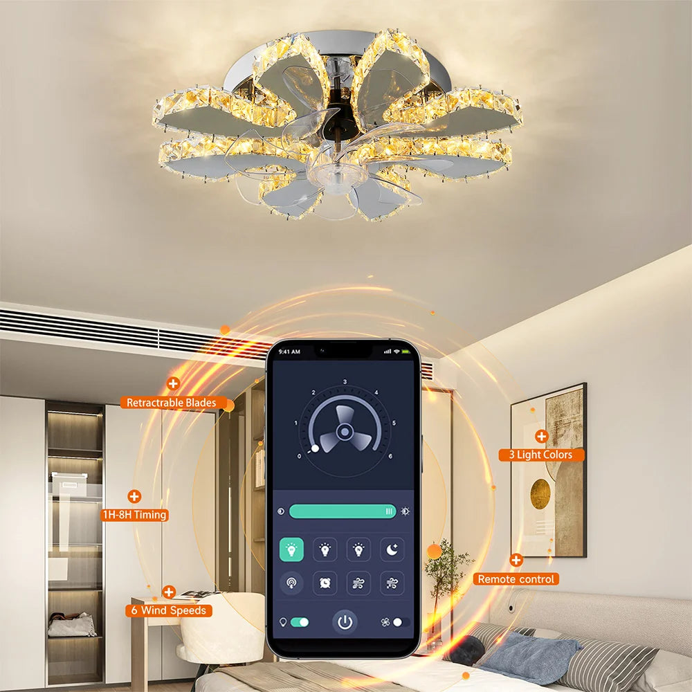 LED Ceiling Fan Lamp Chandelier Retractable Blades Pendant Fan Light Modern Decor Lustre Fixture Living Dining Room Chandelier